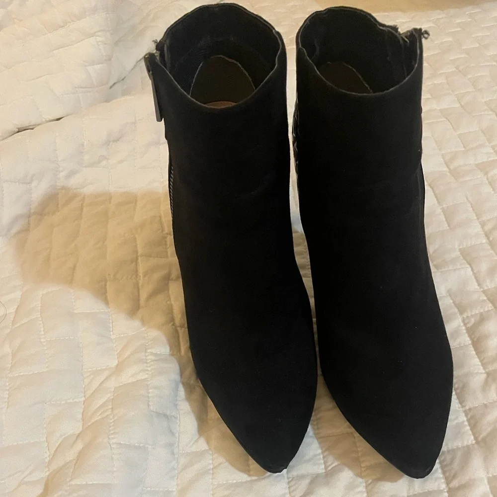 Nina Black Suede Ankle Booties with Embellished Heel